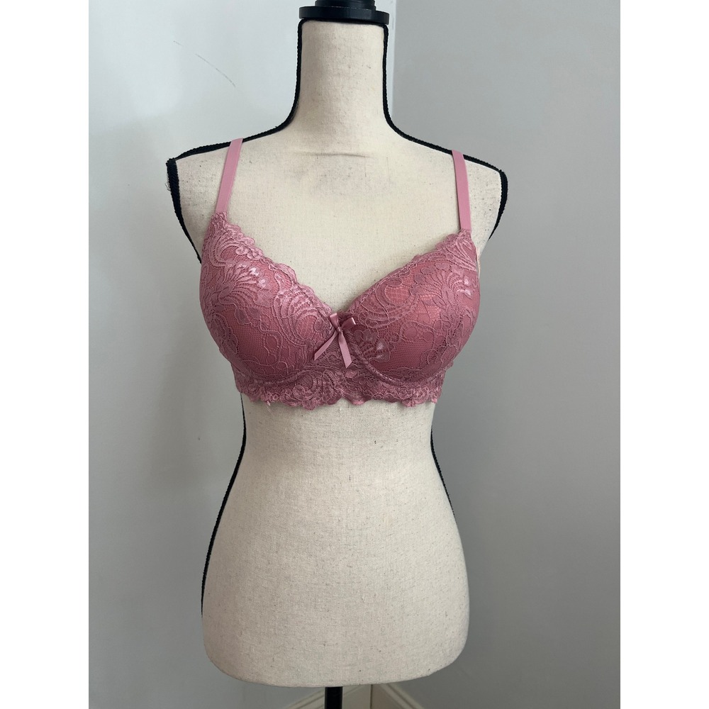 Pink Lace Push Up Bra 38C Floral Padded Underwire Dusty Rose Mauve Coquette Girl